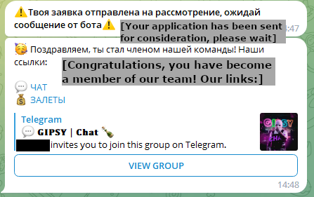 Figure 2. Accepted application that enables a new Neanderthal to join group chat and transaction logs chat via links in the message Figure 2 Application accepted