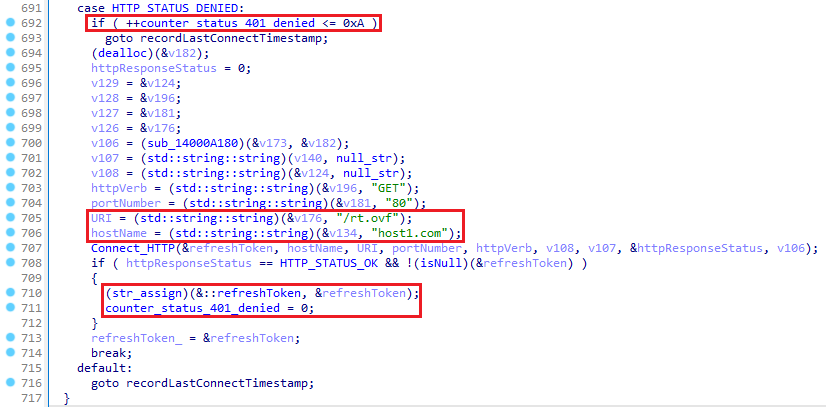 Figure 7. OilBooster can request a new refresh token from its fallback C&C server after 10 unsuccessful connection attempts to the abused OneDrive account Figure 7 OilBooster can request a new refresh token from its fallback C&C server