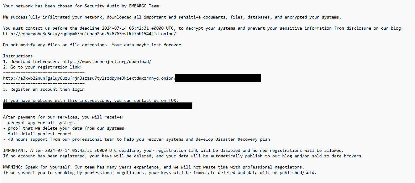 Figure 2. Embargo ransom note figure 2 - ransomnote anonymized