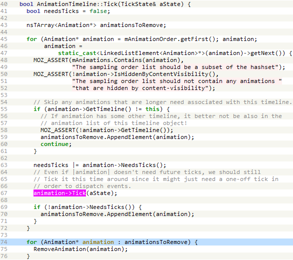 Figure 5. In AnimationTimeline::Tick, animation objects to be removed are appended to local array variable animationsToRemove Figure 5. In AnimationTimeline::Tick, animation objects to be removed are appended to local array variable animationsToRemove