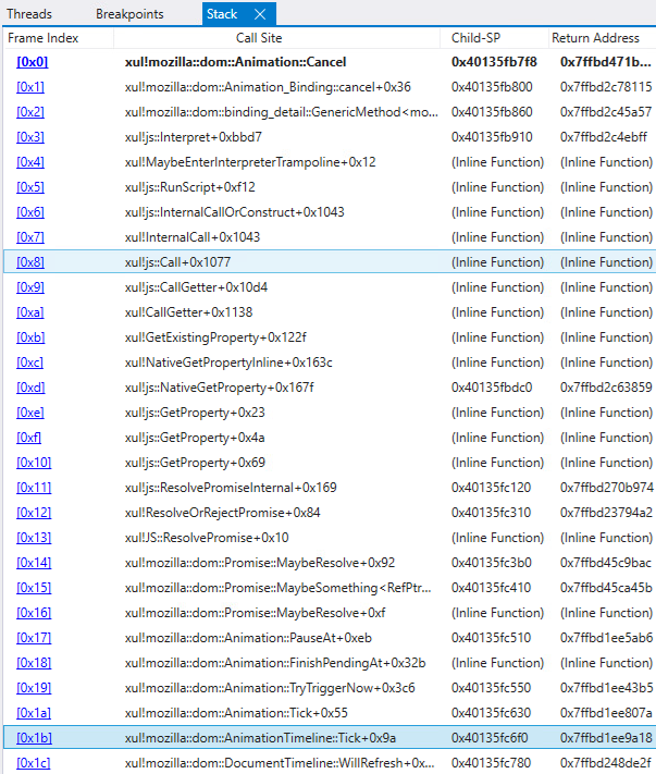 Figure 6. Call stack of the animation being cancelled by the getter function called via the Animation::Tick method Figure 6. Call stack of the animation being cancelled