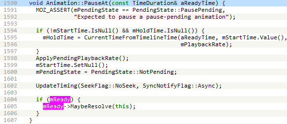 Figure 7. The Animation::PauseAt method ends up calling the getter function Figure 7. The Animation PauseAt method ends up calling the getter function