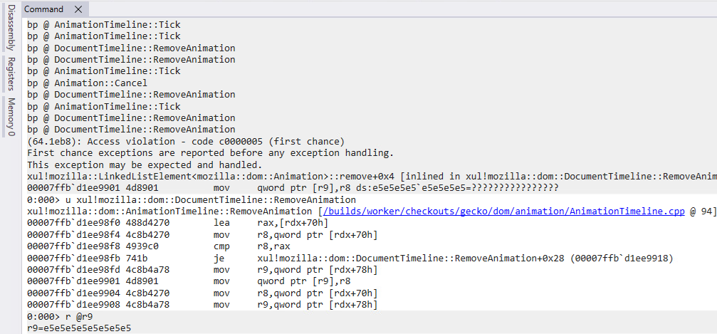 Figure 8. Call stack of the crash in AnimationTimeline::RemoveAnimation while manipulating a dangling pointer Figure 8. Call stack of the crash in AnimationTimeline RemoveAnimation