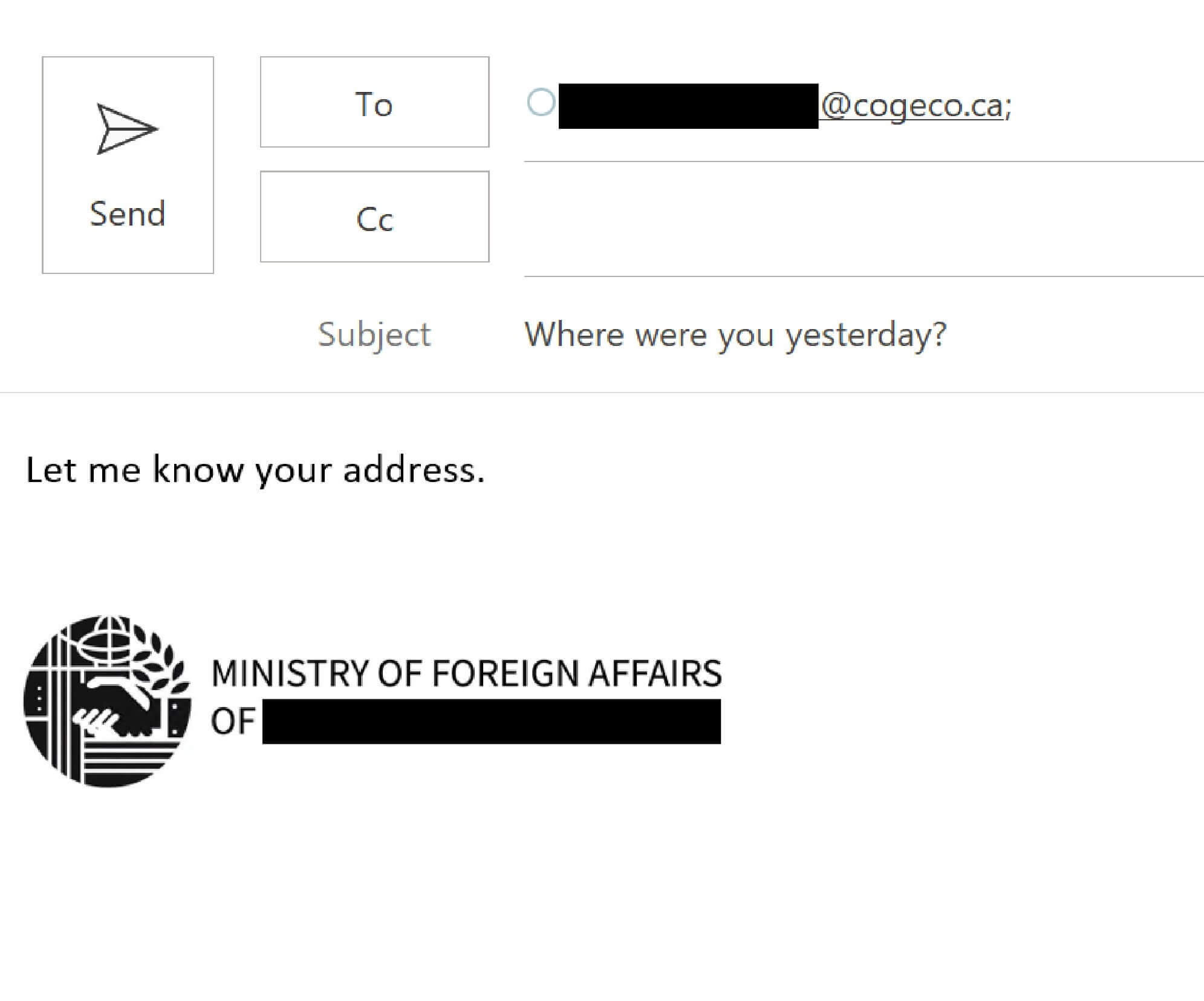 Figure 6. Illustration of an exfiltration email with data hidden in the image Figure 6. Example of a redacted and translated exfiltration email with data hidden in image