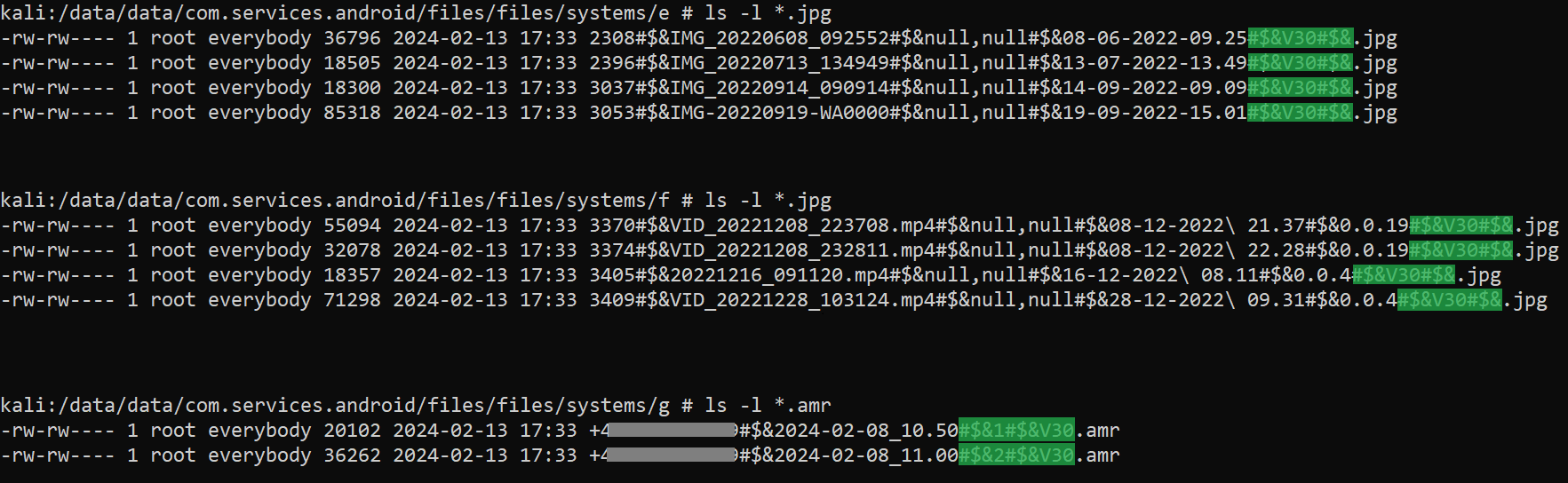 Figure 15. Filenames of multimedia data exfiltrated from device (highlighted is the embedded malware version number) Figure 15. Filenames of multimedia data exfiltrated from device (highlighted is the embedded malware version number)