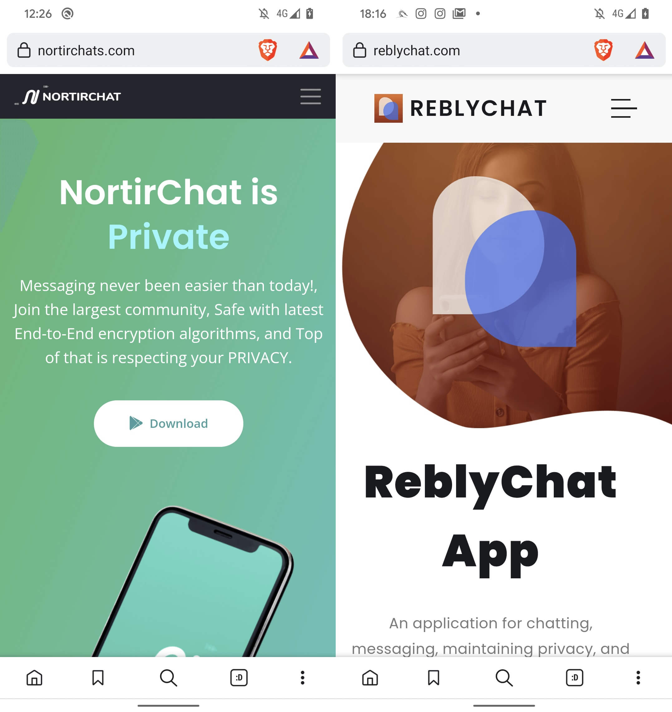 Figure 5. NortirChat (left) and ReblyChat (right) distribution websites Figure 5. NortirChat (left) and ReblyChat (right) distribution websites